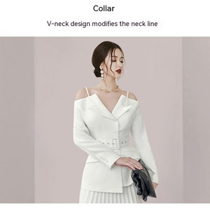 Solid Color Niche Slimming Waist Pleated Mid-length Dress Set