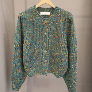 Fashion Round Neck Button Mixed Color Knitted Short Coat