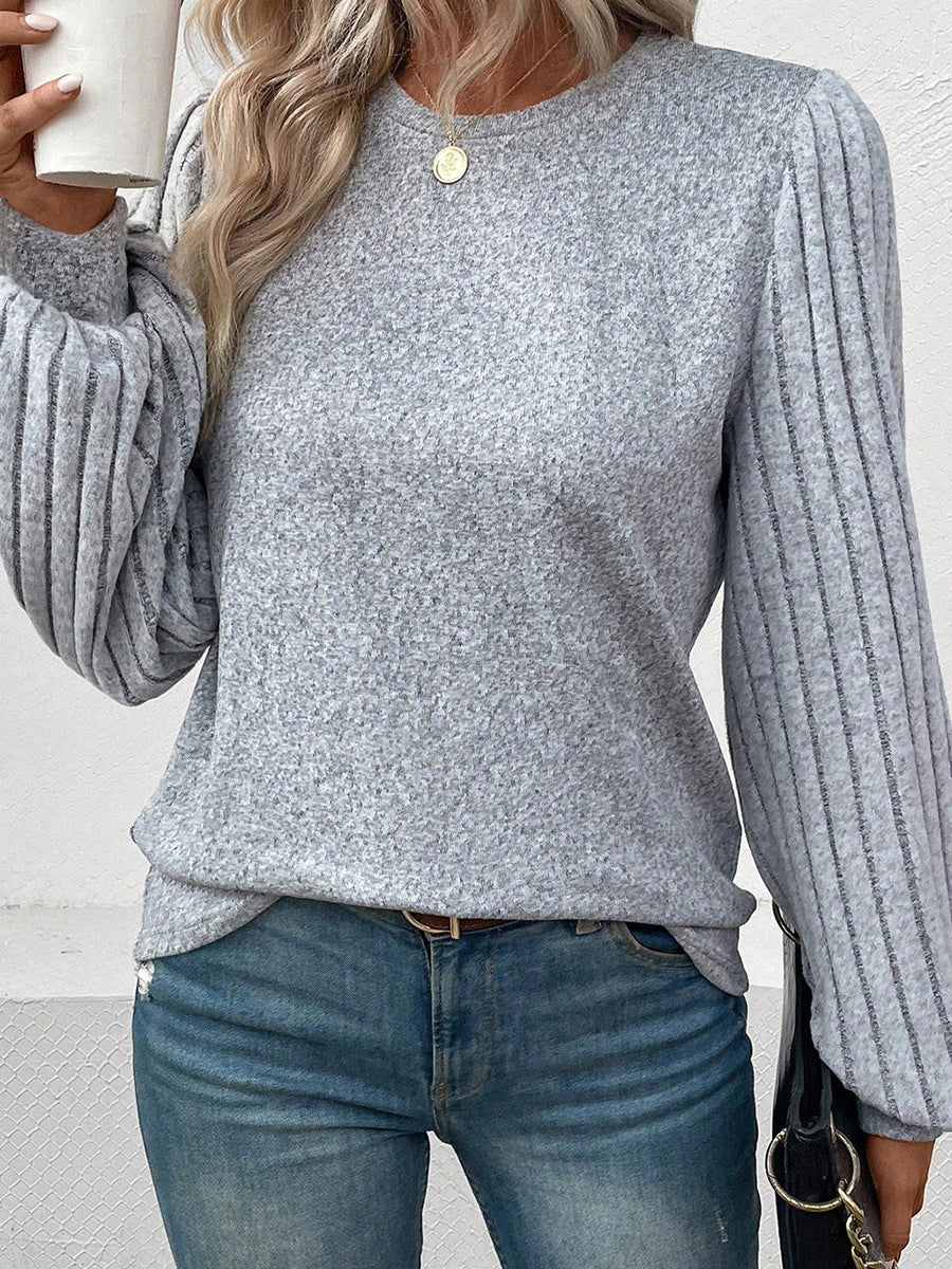 New Solid Color Simple T-shirt Female Spring Thread Sunken Stripe Long Sleeve Pullover Top