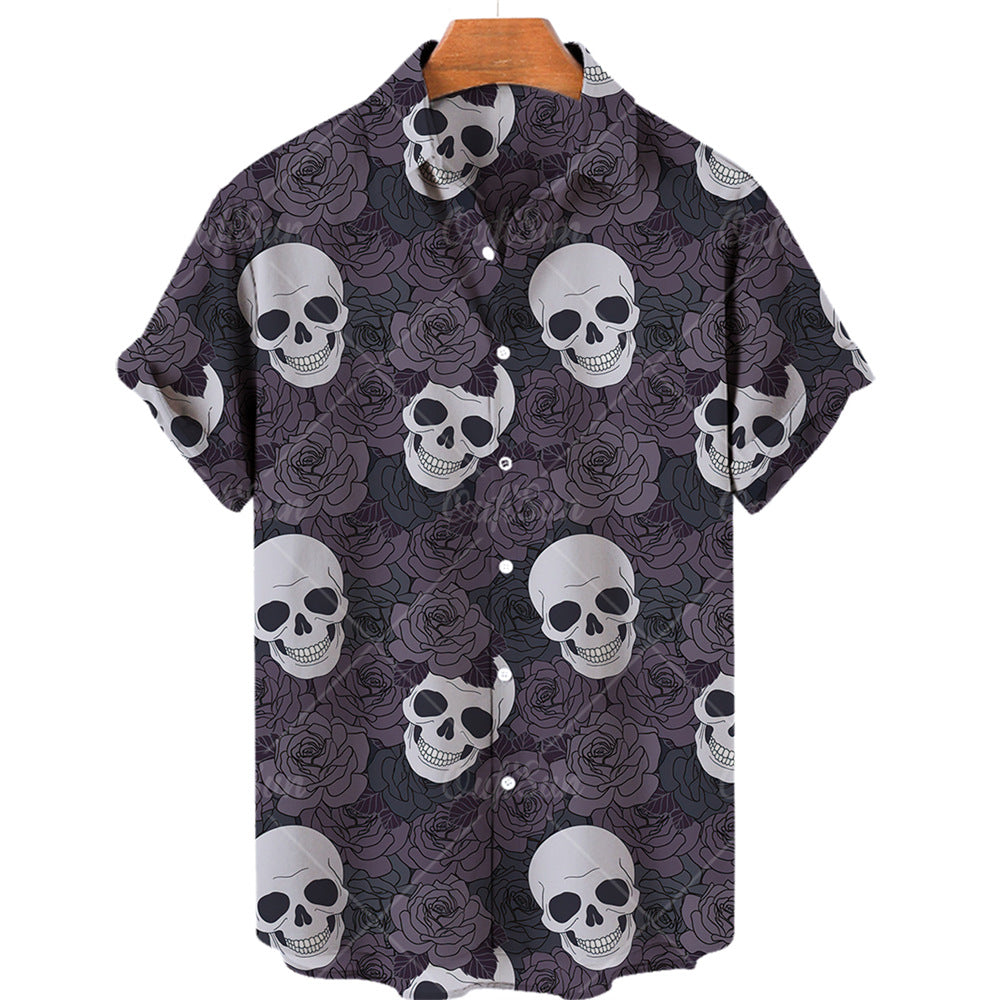 Men's Halloween Short Sleeve Printing Lapel Cardigan Top Summer Cartoon Unique Shirt