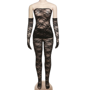 Lace Tube Top High Waist Tight Body Stocking Long Pants Suit