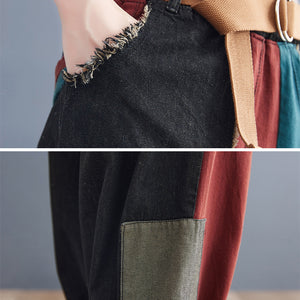 Personality Contrast Color Stitching Denim Trousers For Women