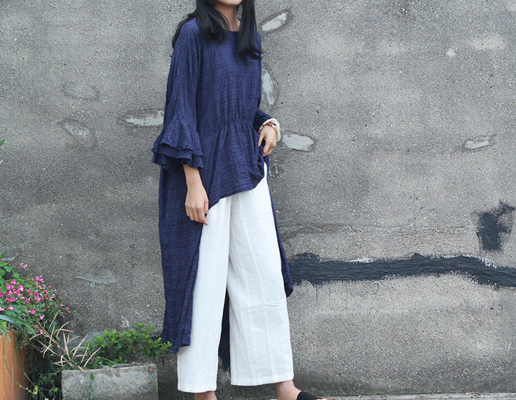 Double-layer Bell Sleeve Mid-length Cotton T-shirt Flower Sleeve Round Neck Irregular Top Artistic Loose Blouse