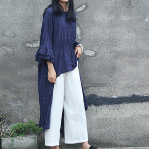 Double-layer Bell Sleeve Mid-length Cotton T-shirt Flower Sleeve Round Neck Irregular Top Artistic Loose Blouse