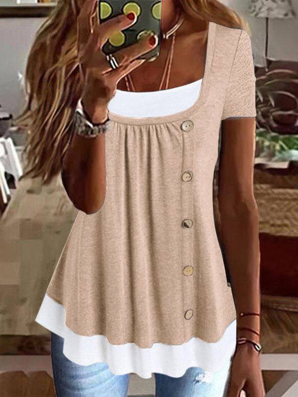 Round Neck Loose Pleated False Two-piece Suit T-shirt Top