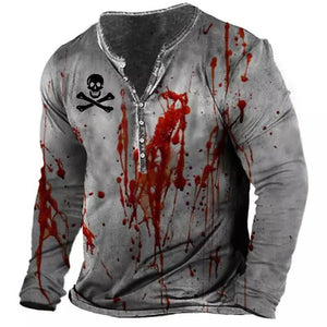 European And American Vintage Print Seven Button Open Placket Skull Long Sleeve T-shirt