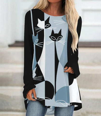 2020 Stylish Loose Round Neck Digital Printed Long-sleeved Top