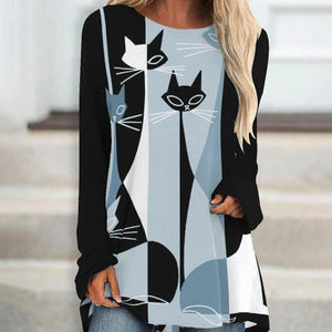 2020 Stylish Loose Round Neck Digital Printed Long-sleeved Top