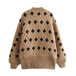 Fashion Diamond Lattice Long Sleeve Knitted Double Breasted Cardigan