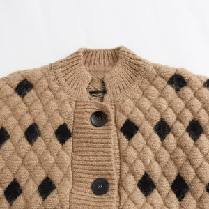 Fashion Diamond Lattice Long Sleeve Knitted Double Breasted Cardigan