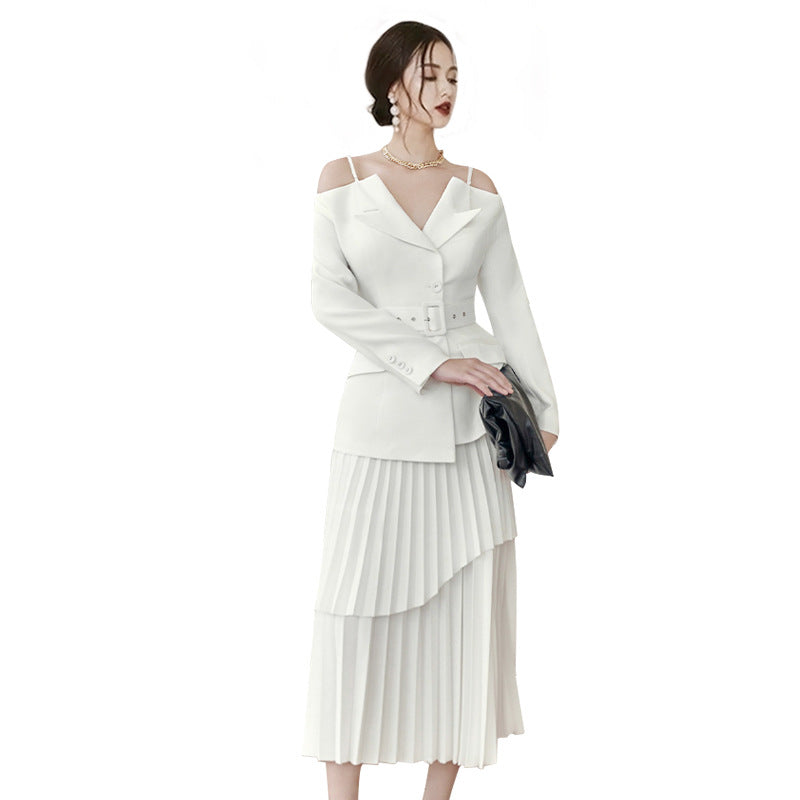 Solid Color Niche Slimming Waist Pleated Mid-length Dress Set