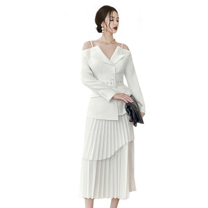 Solid Color Niche Slimming Waist Pleated Mid-length Dress Set