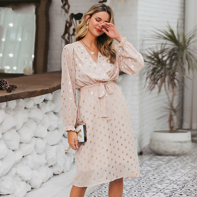 Lantern sleeve belt midi dress