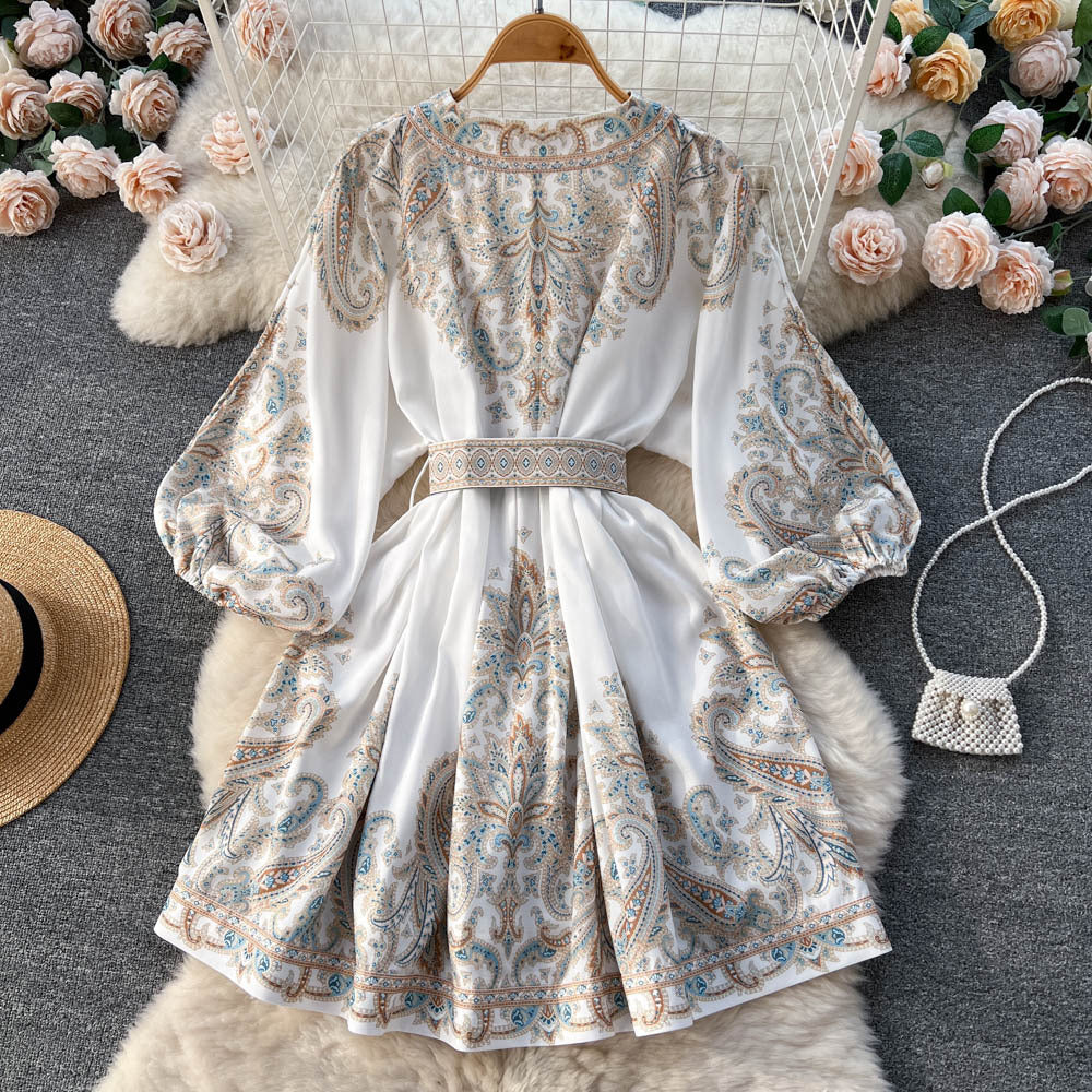 Printed Lantern Sleeve Midi Dress