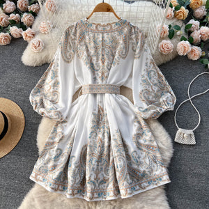 Printed Lantern Sleeve Midi Dress