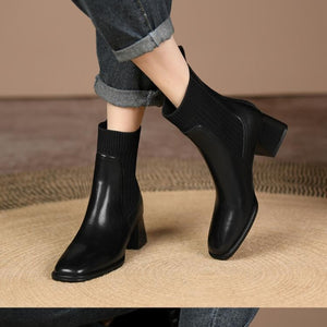 Square Toe Vintage French Chunky Heel Women's New Brown Knitted Stretch Socks High Heel Ankle Boots