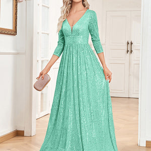 Sequined Fall V-neck High Waist Party Formal Dress