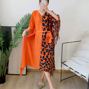Autumn Women's Pleated Leopard Print Color-matching Dress