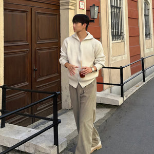 Flip Collar Double Zipper Knitted Cardigan For Men In Autumn And Winter