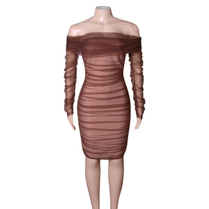 One Line Neck Mesh Pleated Sexy Nightclub Tight Fitting Bandage Long Sleeved Dress