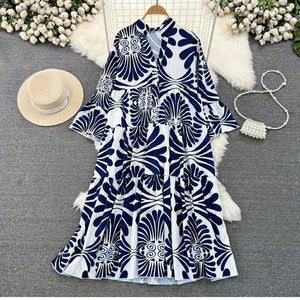Summer Women's Retro Flared Long Sleeve V-neck Printed Dress