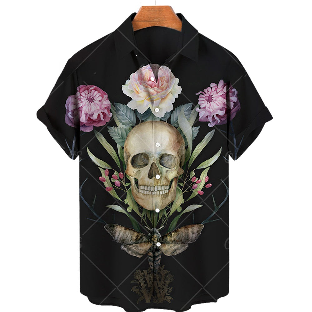 Men's Halloween Short Sleeve Printing Lapel Cardigan Top Summer Cartoon Unique Shirt