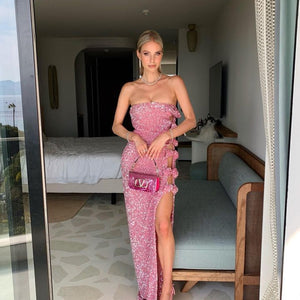Women's Off-shoulder Slimming Sequins Backless Bow Split Tight Long Dress
