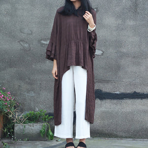 Double-layer Bell Sleeve Mid-length Cotton T-shirt Flower Sleeve Round Neck Irregular Top Artistic Loose Blouse