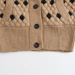 Fashion Diamond Lattice Long Sleeve Knitted Double Breasted Cardigan