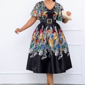 Printed Black Pullover High Waist Temperament Commuter Midi Dress