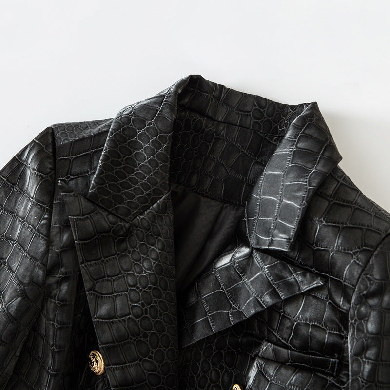 Suit Crocodile Leather Coat Slim-fit Top Metal Buckle Waist-tight Jacket