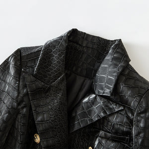 Suit Crocodile Leather Coat Slim-fit Top Metal Buckle Waist-tight Jacket