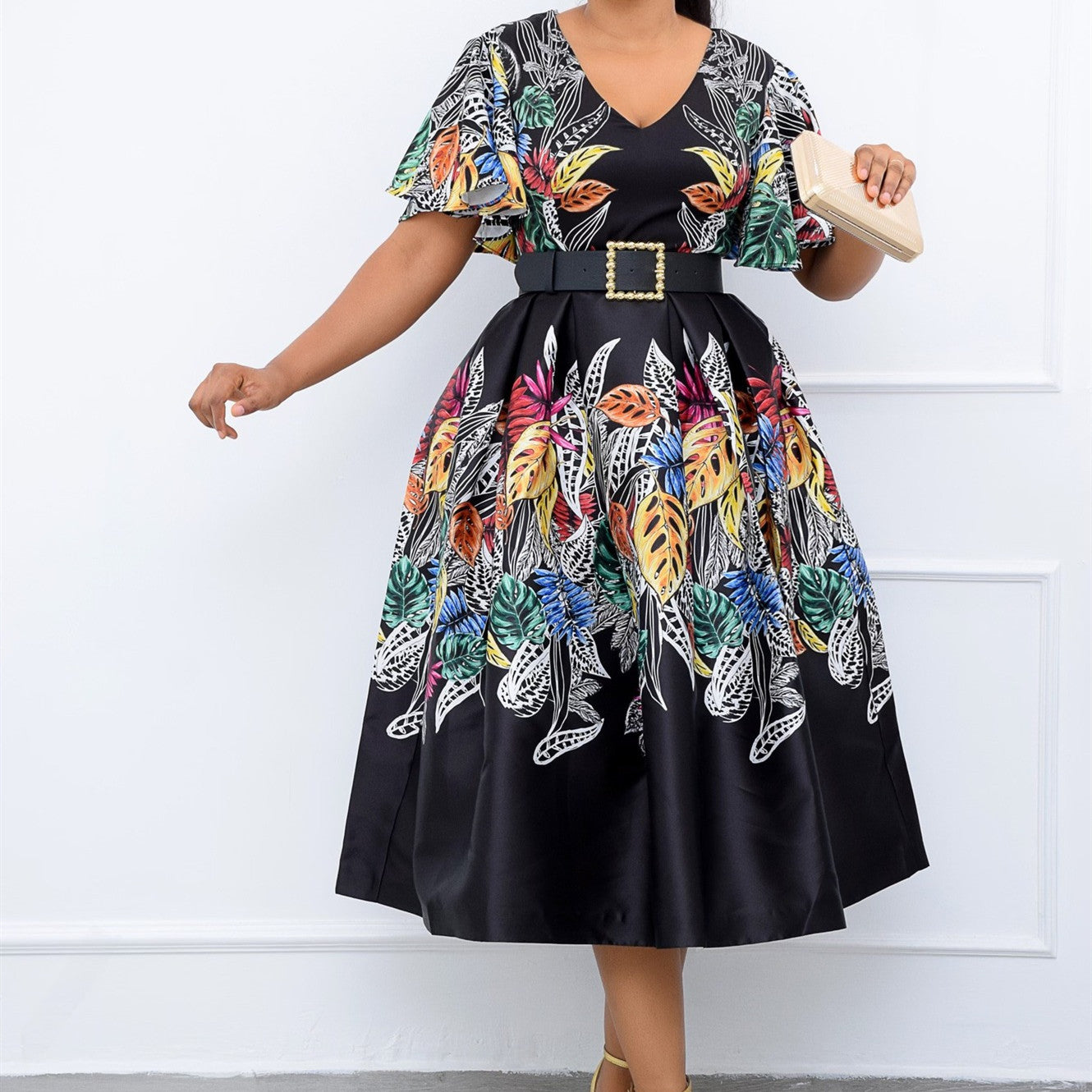 Printed Black Pullover High Waist Temperament Commuter Midi Dress