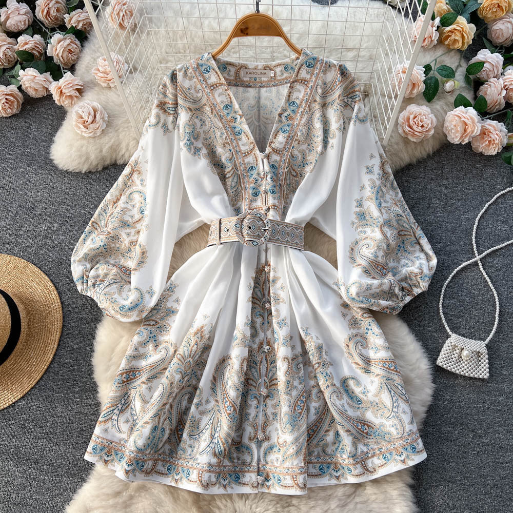 Printed Lantern Sleeve Midi Dress