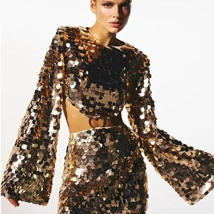 Sweet And Spicy Women's Long Sleeve Round Neck Sexy Large Sequined Evening Dress