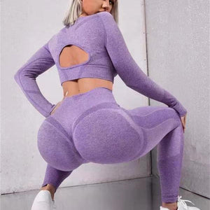 2pcs Sports Suits Long Sleeve Hollow Design Tops And Butt Lifting High Waist
