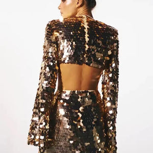 Sweet And Spicy Women's Long Sleeve Round Neck Sexy Large Sequined Evening Dress