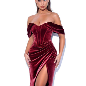 Velvet Herringbone Pleated High Slit Midi Skirt