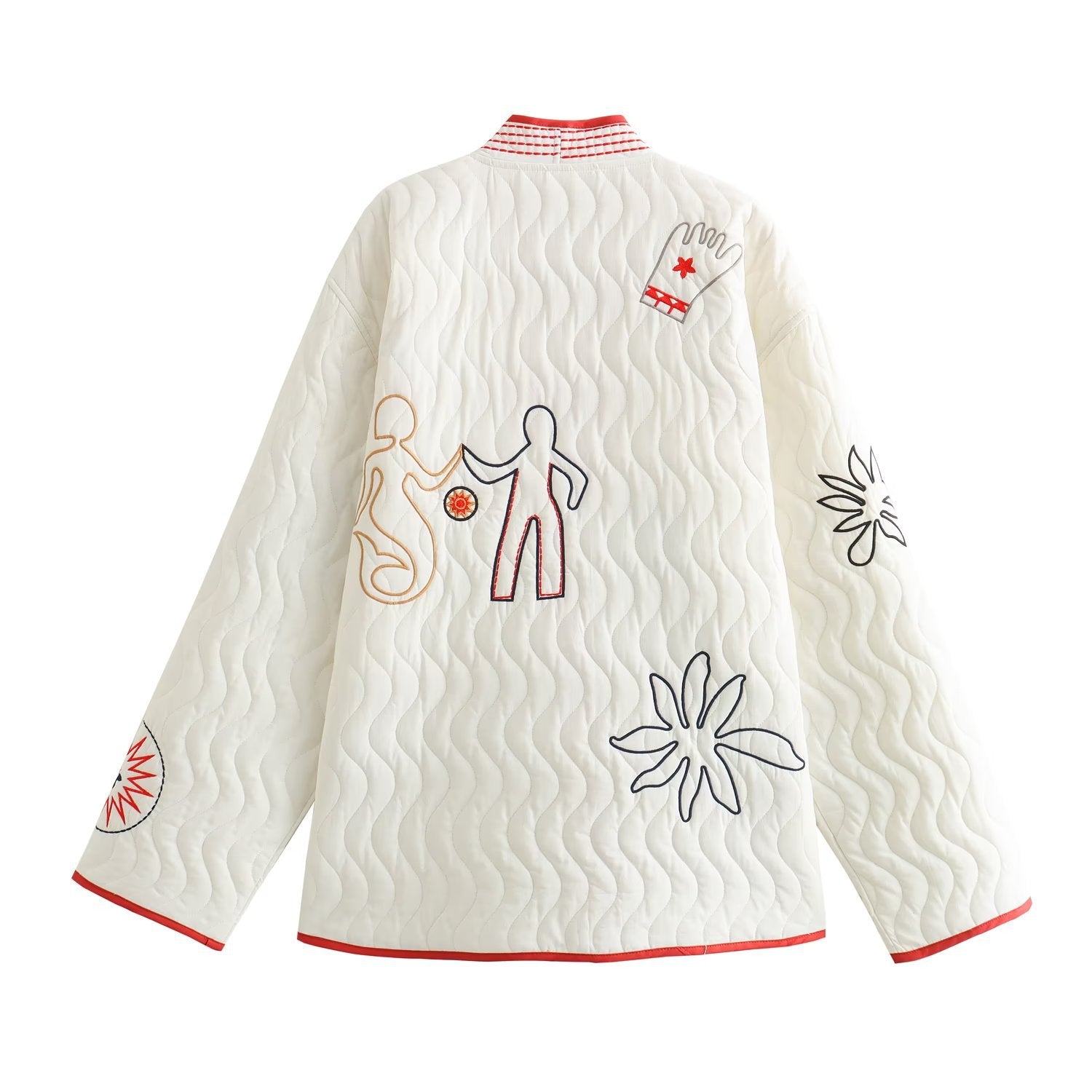 European And American Style Fashion Temperament V-neck Long Sleeve Embroidery Tie-neck Short Coat