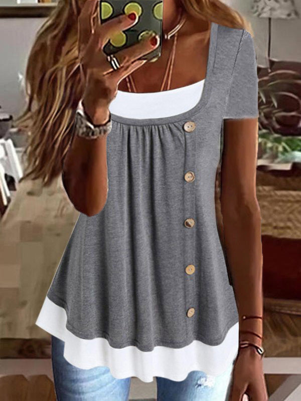 Round Neck Loose Pleated False Two-piece Suit T-shirt Top