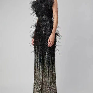 Ostrich Feather Gradient Sequin Tube Top Jumpsuit