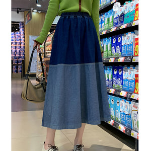 Women's Spring Plus Size Retro Blue Stitching High Waist Denim Skirt