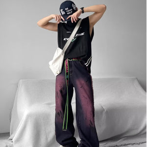 Washed Wool Design Sense Stitching Raw Edge Jeans