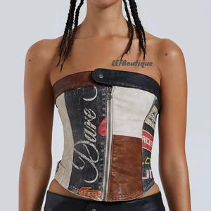Stitching Racing PU Corset Mini Skirt