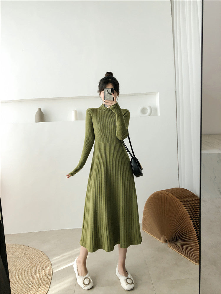 Half Turtleneck Base Ride A- Line Woolen Skirt Women