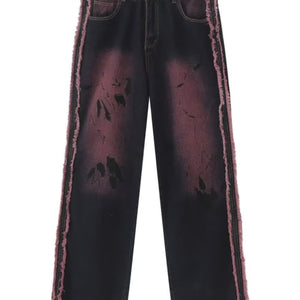Washed Wool Design Sense Stitching Raw Edge Jeans