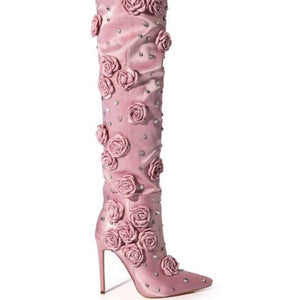 Silk Cloth Rivet Rose Over-the-knee Boots
