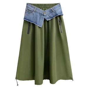 Women's American-style Color Contrast Patchwork Denim Skirt