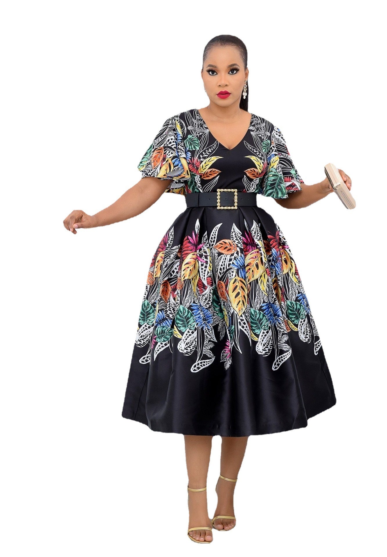 Printed Black Pullover High Waist Temperament Commuter Midi Dress