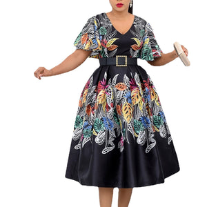 Printed Black Pullover High Waist Temperament Commuter Midi Dress